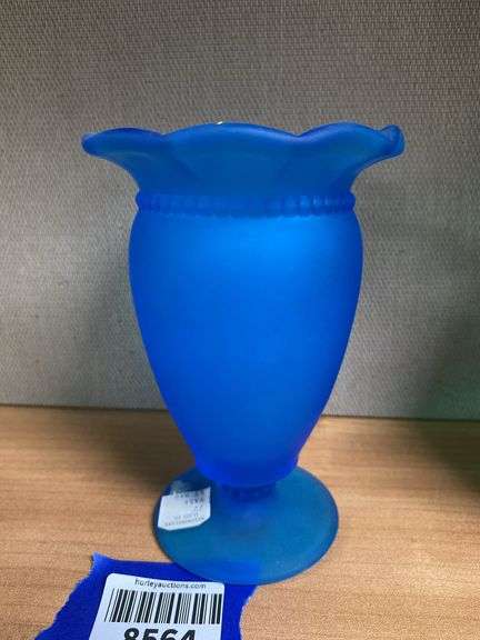 Westmoreland blue satin glass vase w/ handpainted decor