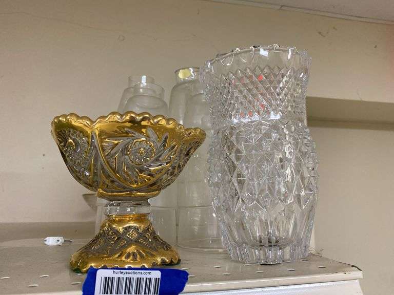 Pressed glass vases and pedestal dish, glass candle shades, glass candlesticks, misc glass