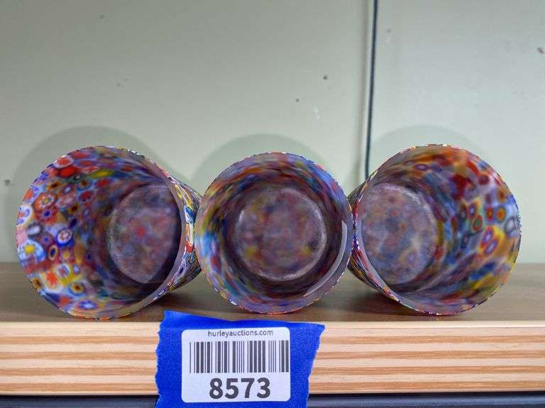 Three Murano glass millefiori art glass tumblers