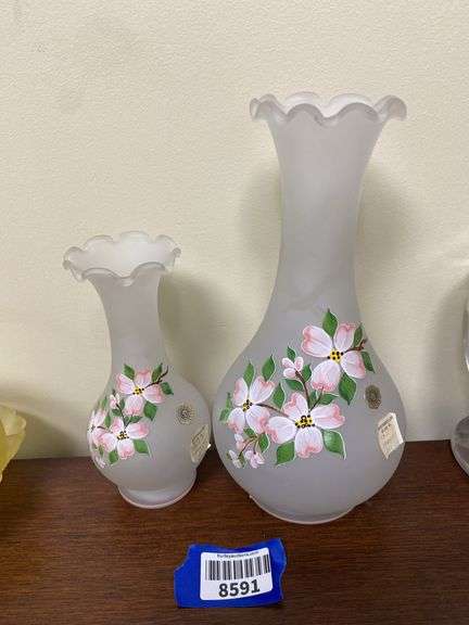 Two Westmoreland satin glass vases w/ handpainted dogwood decor