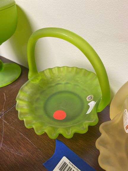 Two Westmoreland satin glass baskets w/ applied handles: green and yellow