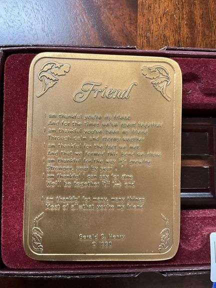 Gerald Henry Friend plaque on stand, in box - Hurley Real Estate & Auctions