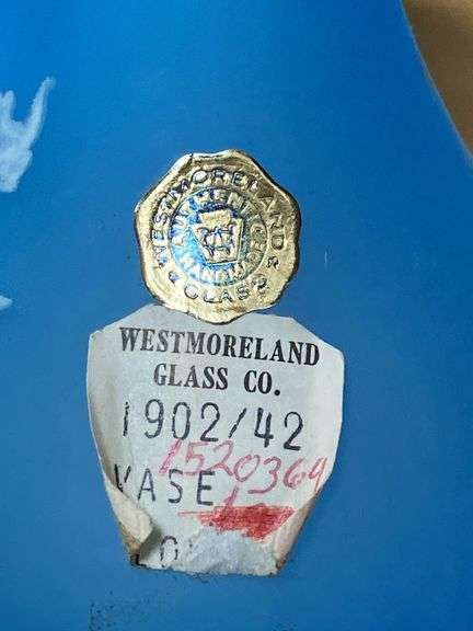 Westmoreland blue satin glass vase w/ handpainted decor