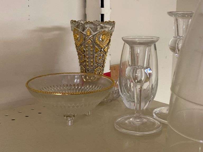 Pressed glass vases and pedestal dish, glass candle shades, glass candlesticks, misc glass