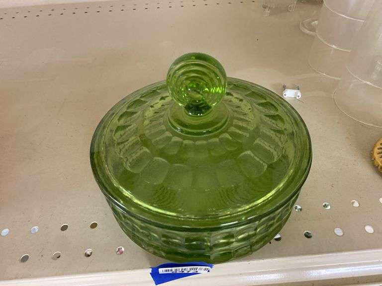 Olive green glass covered candy dish
