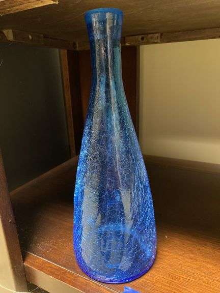 Blue crackle glass bottle vase and ever, and bubble base bud vase