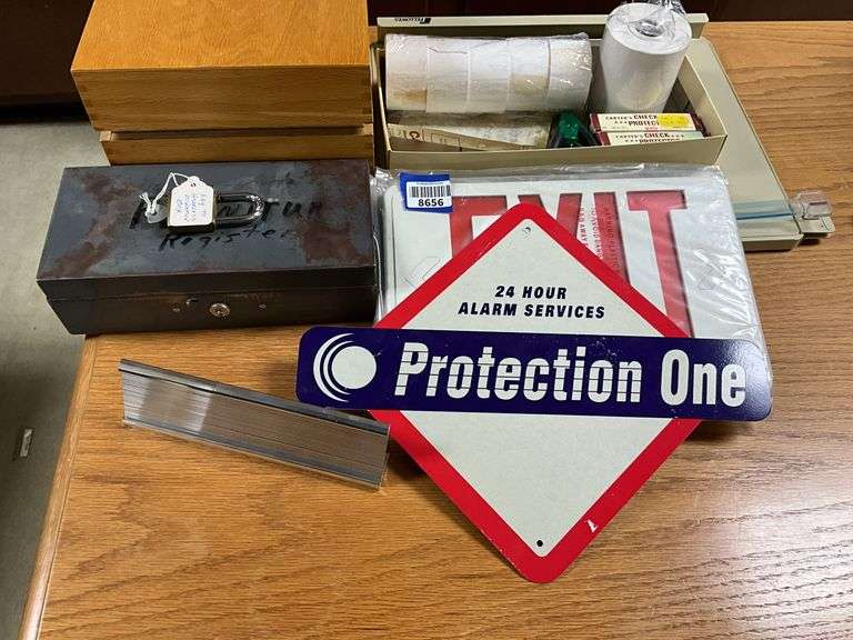 EXIT sign, cash box, wooden file box, misc