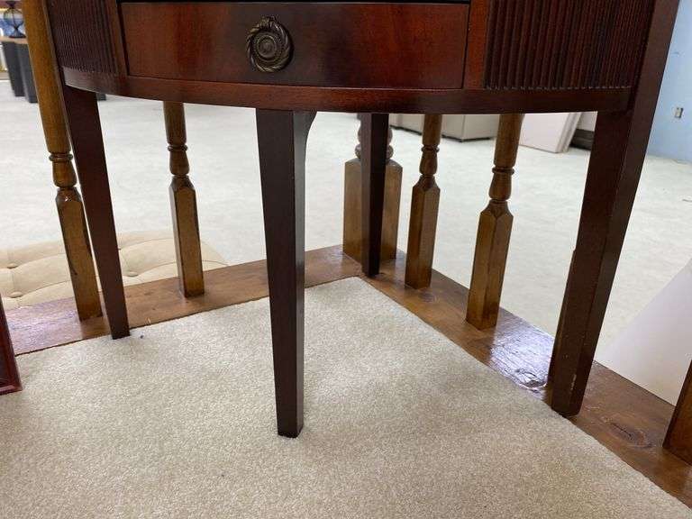 Hepplewhite mahogany corner stand w/ open work top shelves, drawers in base 26x18x65.5