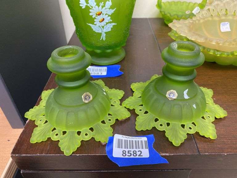 Pair Westmoreland green satin glass candleholders