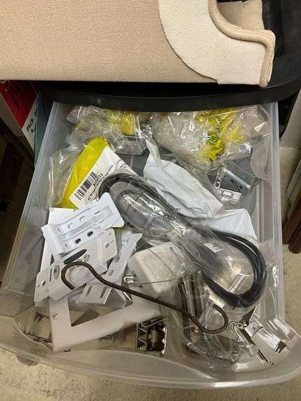 Three window cornices, and plastic drawer unit w/ contents
