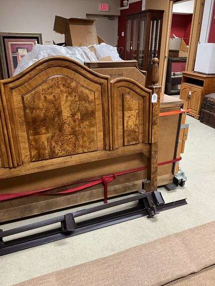 Bed w/ burl paneled headboard and metal bed frame 59 wide