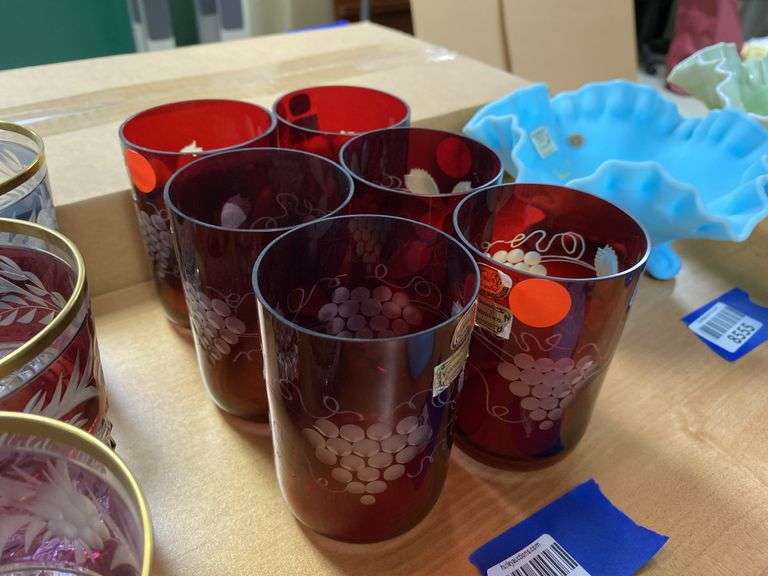 Set of six Egermann ruby to clear engraved glass tumblers