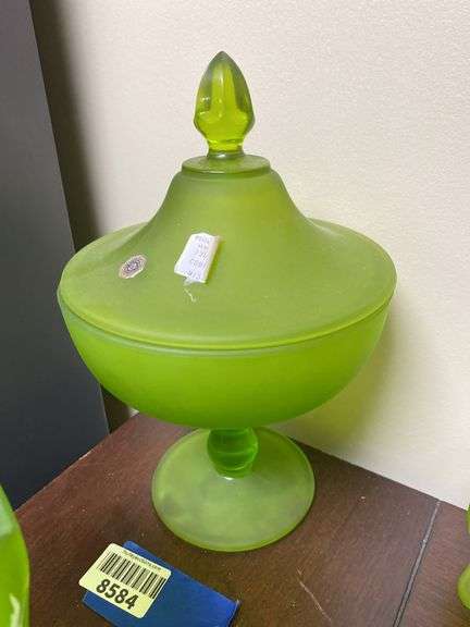 Westmoreland green satin glass covered compote