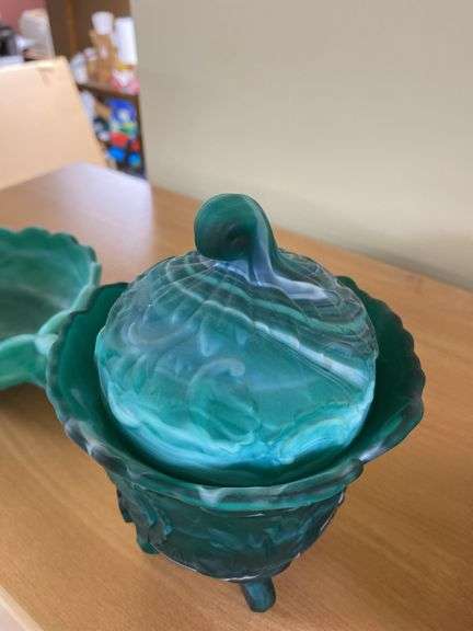 Imperial teal satin slag glass covered jar