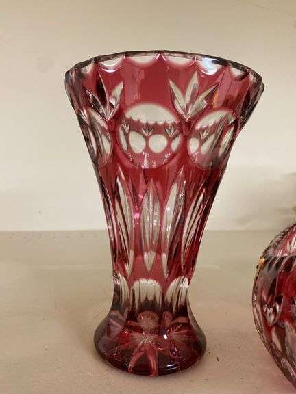 Ruby stained crystal glass vase and oval bowl