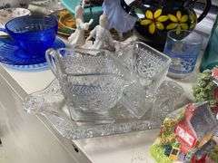 Depression glass, Candlewick basket, pottery teapot, blue canning jar, decor items