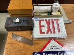 EXIT sign, cash box, wooden file box, misc