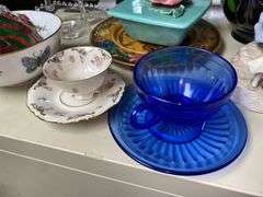 Depression glass, Candlewick basket, pottery teapot, blue canning jar, decor items