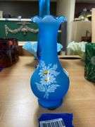 Westmoreland blue satin glass vase w/ handpainted decor