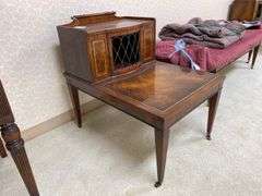Mahogany step back end stand w/ inset tooled leather top panels 21x29x27.5, by the piece, take 2