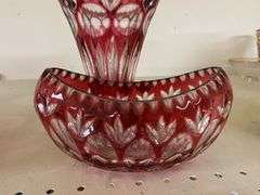 Ruby stained crystal glass vase and oval bowl