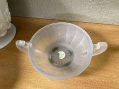 Two Westmoreland glass covered dishes: blue satin, and clear satin w/ handpainted decor