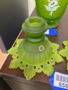 Pair Westmoreland green satin glass candleholders
