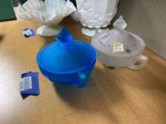 Two Westmoreland glass covered dishes: blue satin, and clear satin w/ handpainted decor