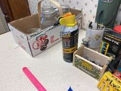Misc lot - canning jars, mouse trap, ant killing system, fly catchers, hand tools & more