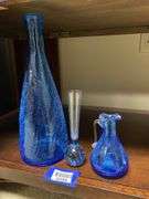 Blue crackle glass bottle vase and ever, and bubble base bud vase