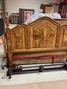 Bed w/ burl paneled headboard and metal bed frame 59 wide