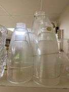 Pressed glass vases and pedestal dish, glass candle shades, glass candlesticks, misc glass