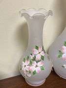 Two Westmoreland satin glass vases w/ handpainted dogwood decor
