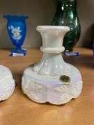 Pair Westmoreland iridescent milk glass candleholders