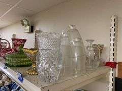 Pressed glass vases and pedestal dish, glass candle shades, glass candlesticks, misc glass