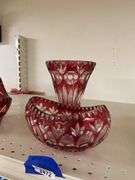 Ruby stained crystal glass vase and oval bowl