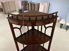 Hepplewhite mahogany corner stand w/ open work top shelves, drawers in base 26x18x65.5