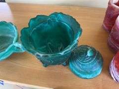 Imperial teal satin slag glass covered jar