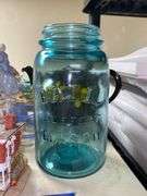 Depression glass, Candlewick basket, pottery teapot, blue canning jar, decor items
