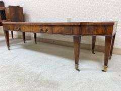Mahogany coffee table w/ inset tooled leather top panel, comes w/ protective glass top 60x22x15.5