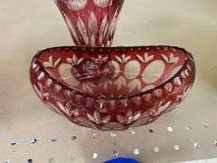 Ruby stained crystal glass vase and oval bowl