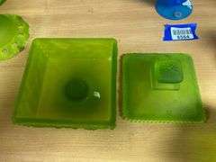 Two Westmoreland green satin glass square covered dishes
