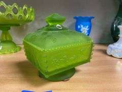 Two Westmoreland green satin glass square covered dishes