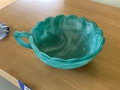 Imperial teal satin slag glass handled nappy