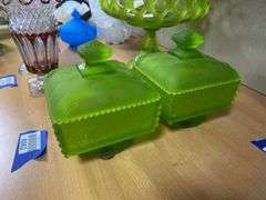 Two Westmoreland green satin glass square covered dishes