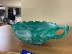 Imperial teal satin slag glass handled nappy