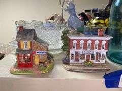 Depression glass, Candlewick basket, pottery teapot, blue canning jar, decor items