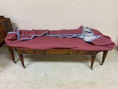 Mahogany coffee table w/ inset tooled leather top panel, comes w/ protective glass top 60x22x15.5