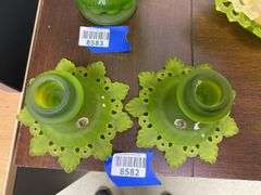 Pair Westmoreland green satin glass candleholders
