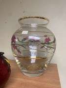 Ruby glass rose bowl, and floral decorated clear glass vase